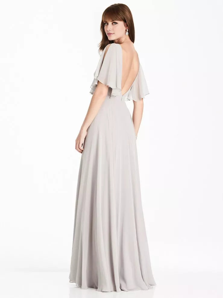 Round neck off shoulder ruffled short sleeved backless and floor length Prom dress